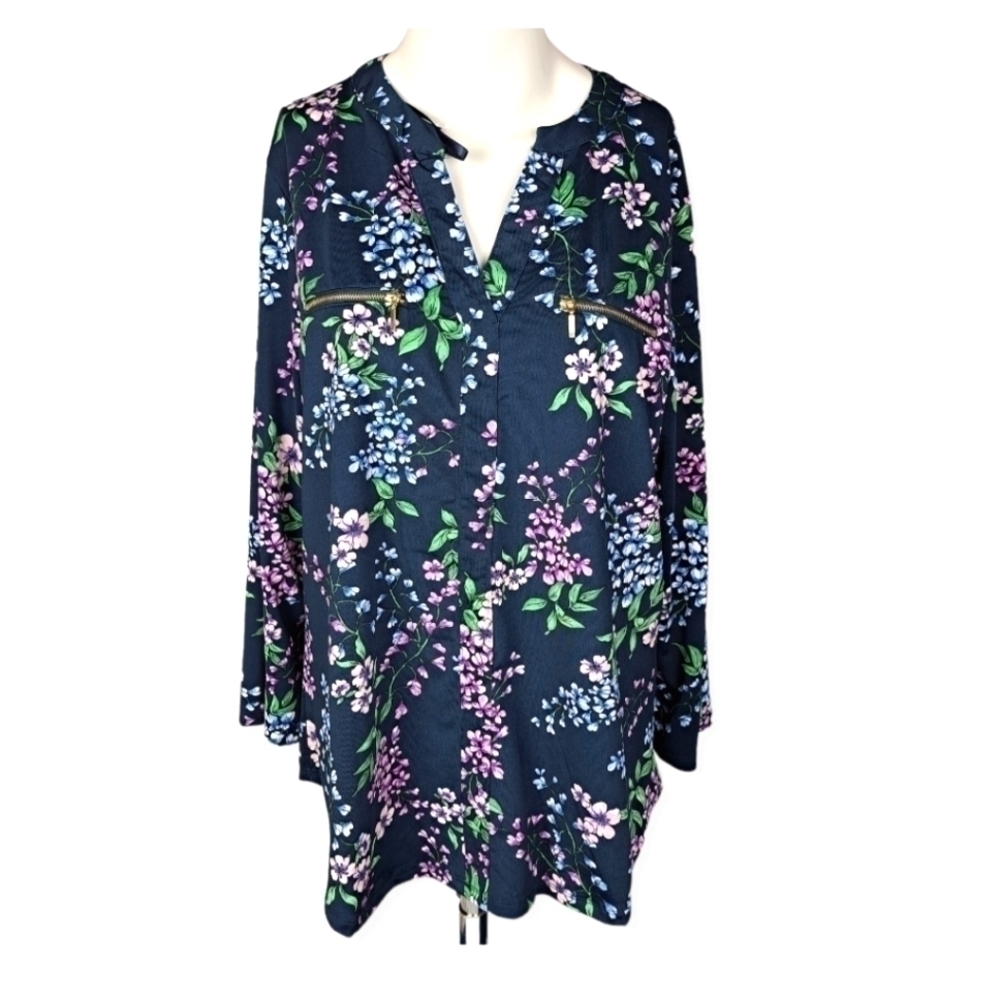 Floral Split-Neck Tunic Top - Navy